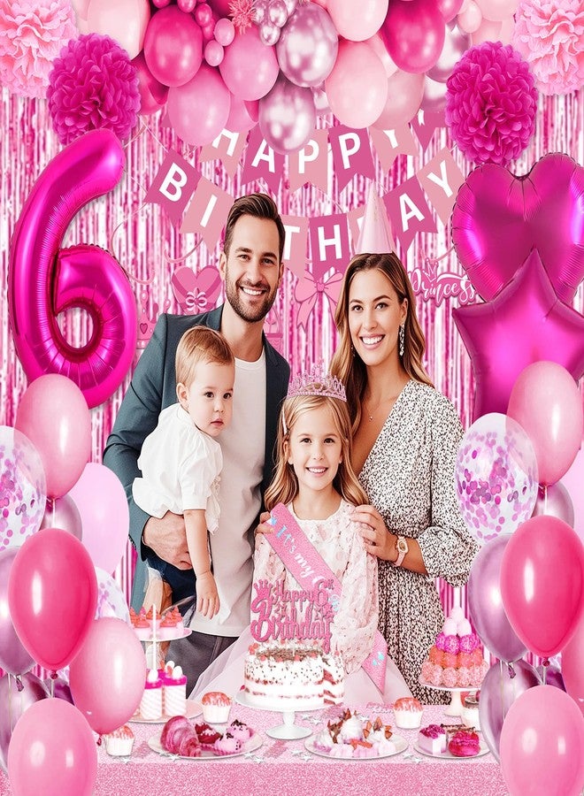 Fantspati 6th Birthday Decorations for Girls, Pink Party Decorations with Number 6 Balloon Happy Birthday Banner Bday Sash Crown Tablecloth Fringe Curtain Hanging Swirl for 6 Year Old Girl Bday Decor - Image 5